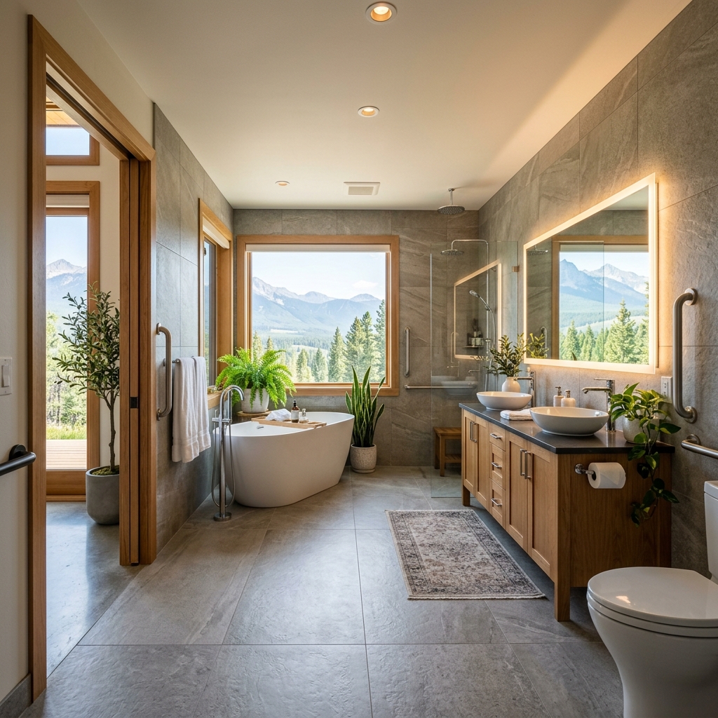 A close-up of a modern walk-in shower featuring large-format gray porcelain tiles with subtle veining, showcasing the material's premium texture and minimal grout lines.