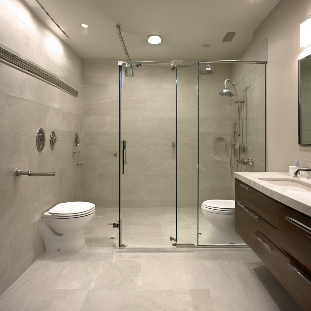 A beautifully remodeled accessible bathroom at dusk, with soft lighting highlighting a walk-in shower and elegant grab bars.